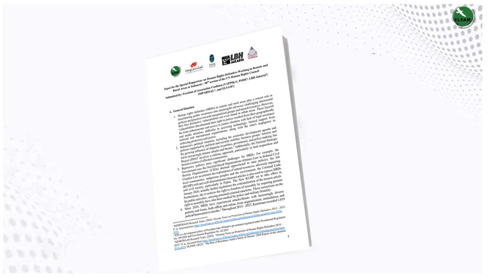 Input for the Special Rapporteur on Human Rights Defenders Working in Remote and Rural Areas in Indonesia - 58th session of the UN Human Rights Council
